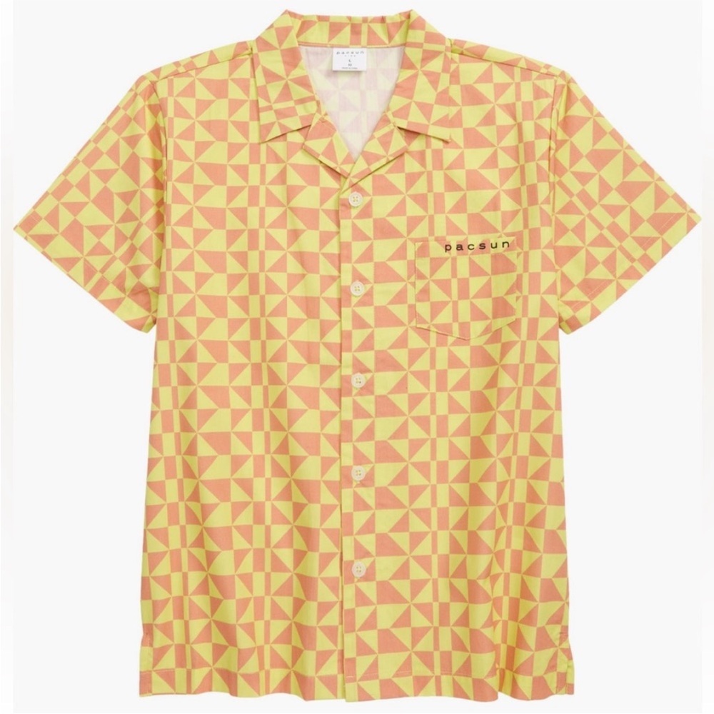 PacSun Yellow and Pink Geometric Men's Shirt. Size 8 Medium